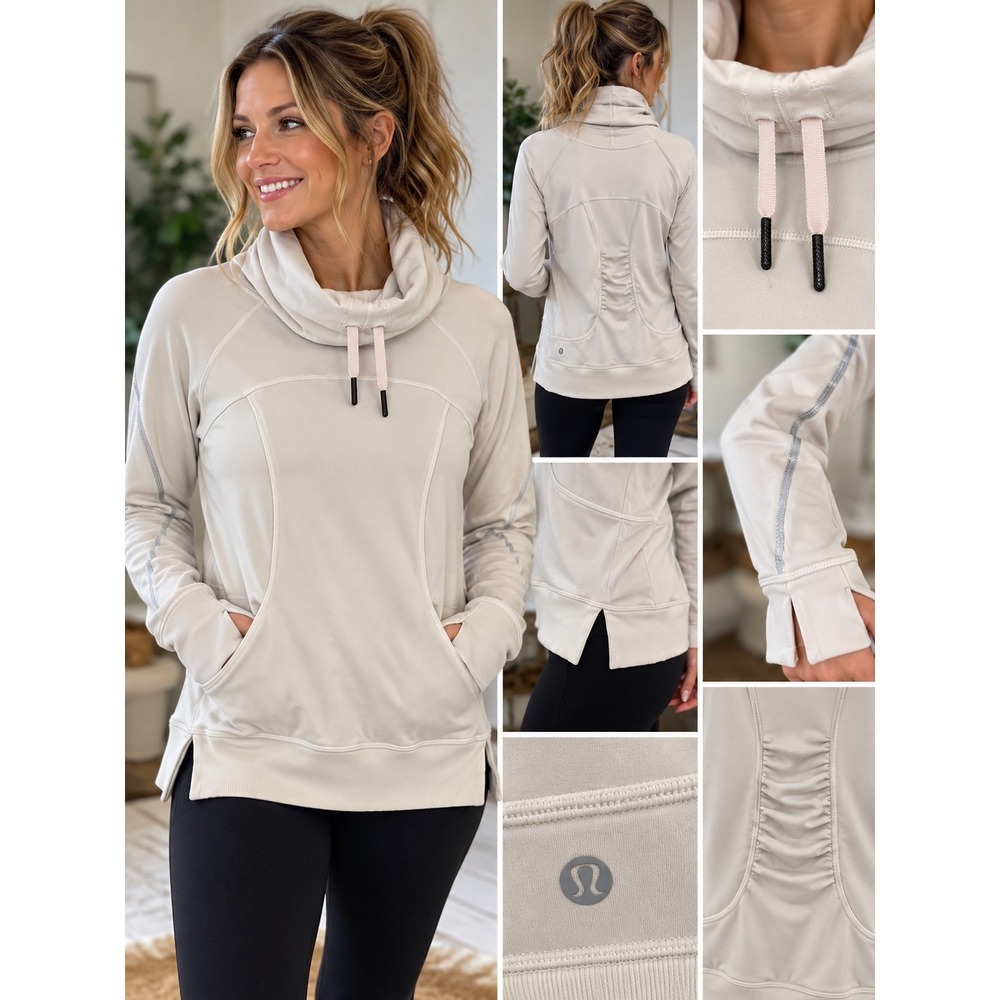Lululemon Cowl Neck Pullover Cream Ruched Back Thumbholes Reflective Logo S